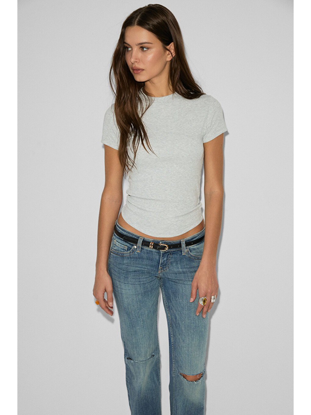 Gri GLOOM Kadın Yumuşak Ve Esnek Kumaşlı Bisiklet Yakalı Crop GRİ MELANJ T-Shirt-4
