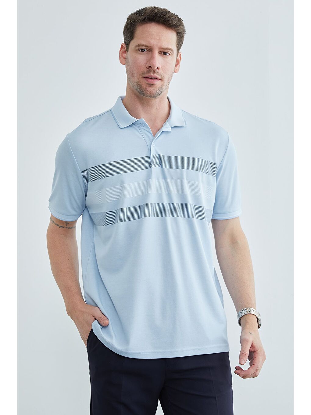 Mavi Şeritli Düğmeli Polo Yaka Tişört