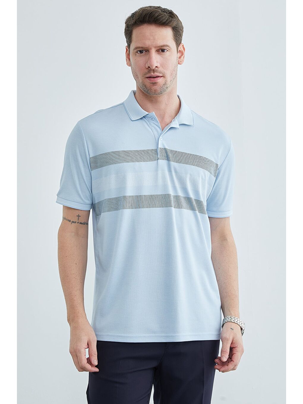 Mavi Şeritli Düğmeli Polo Yaka Tişört-1