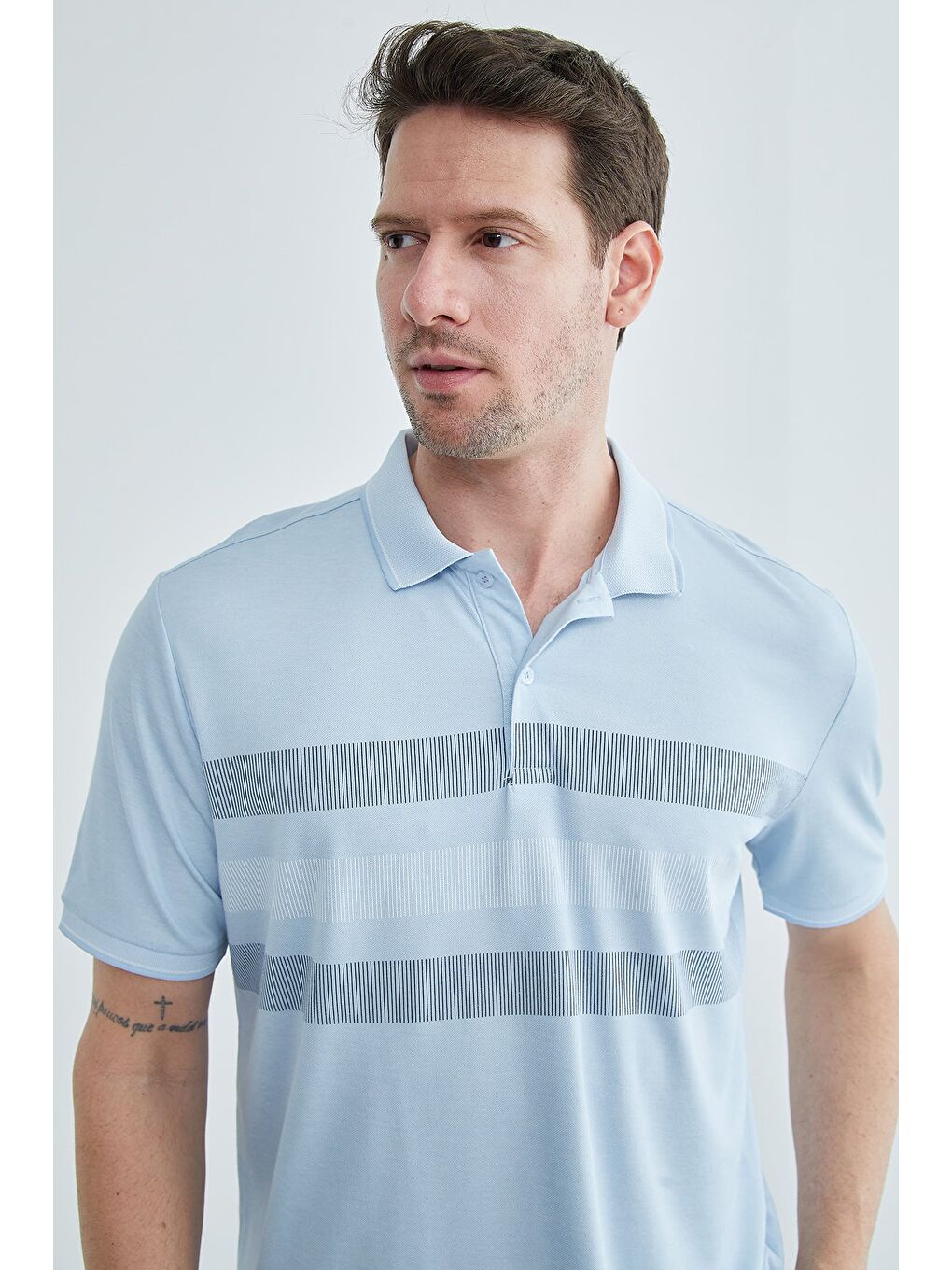 Mavi Şeritli Düğmeli Polo Yaka Tişört-4