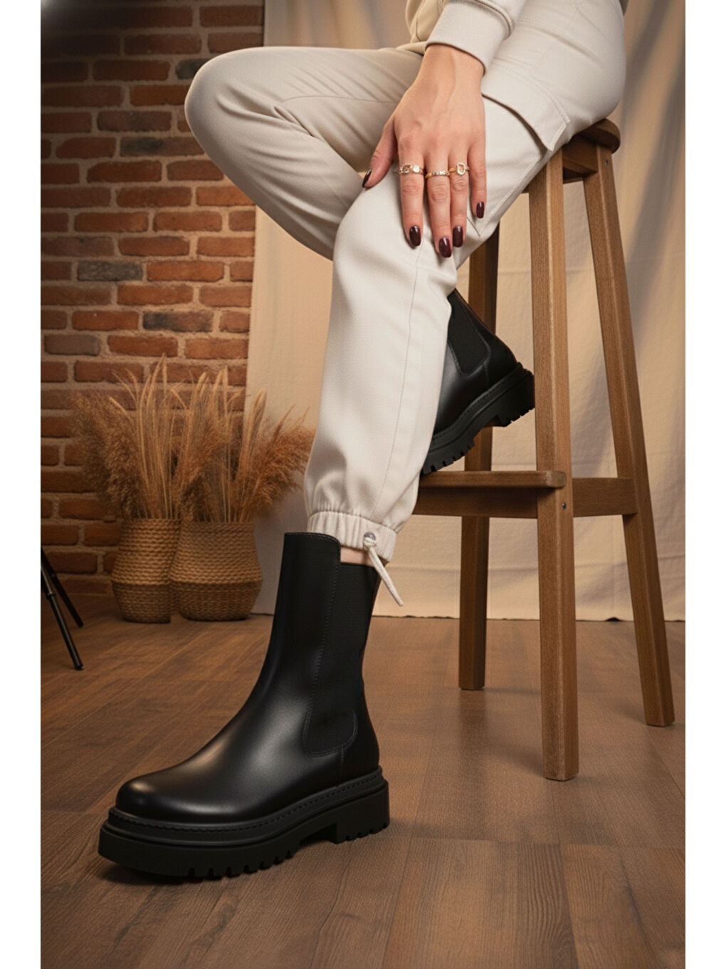 Kadın Praga Siyah Cilt Dikişli Yandan Lastikli Kalın Taban Günlük Bot & Bootie-1