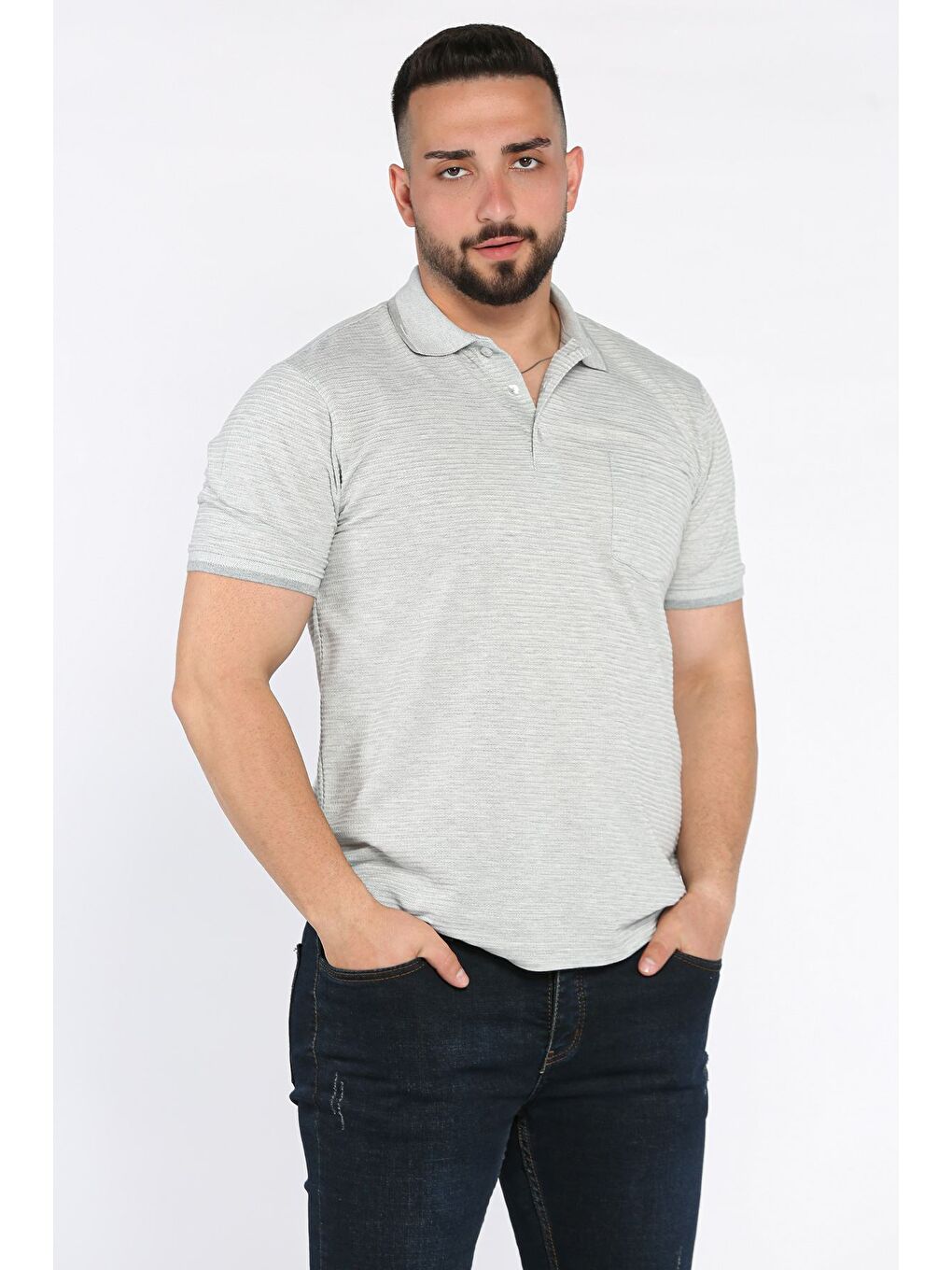Gri Erkek Polo Yaka Yarım Düğmeli Cepli Tişört