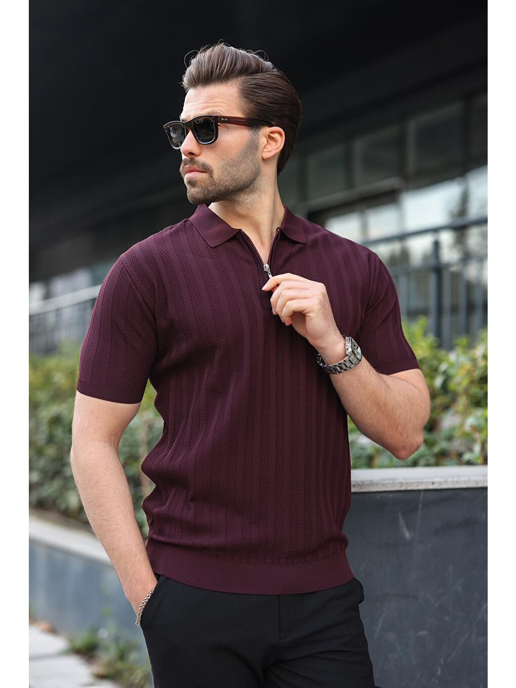 Bordo Yarım Fermuarlı Polo Yaka Erkek Triko Tişört E7458-1