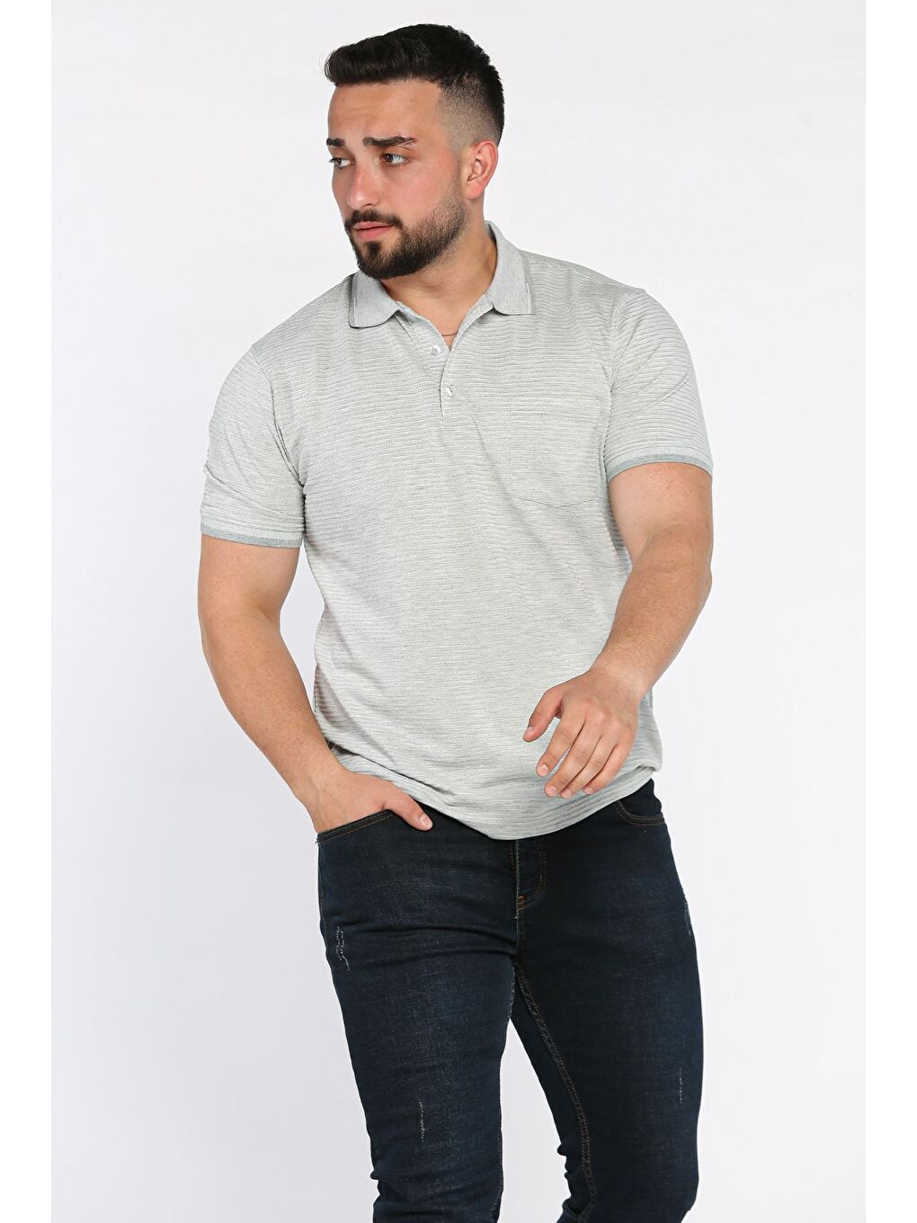 Gri Erkek Polo Yaka Yarım Düğmeli Cepli Tişört-1