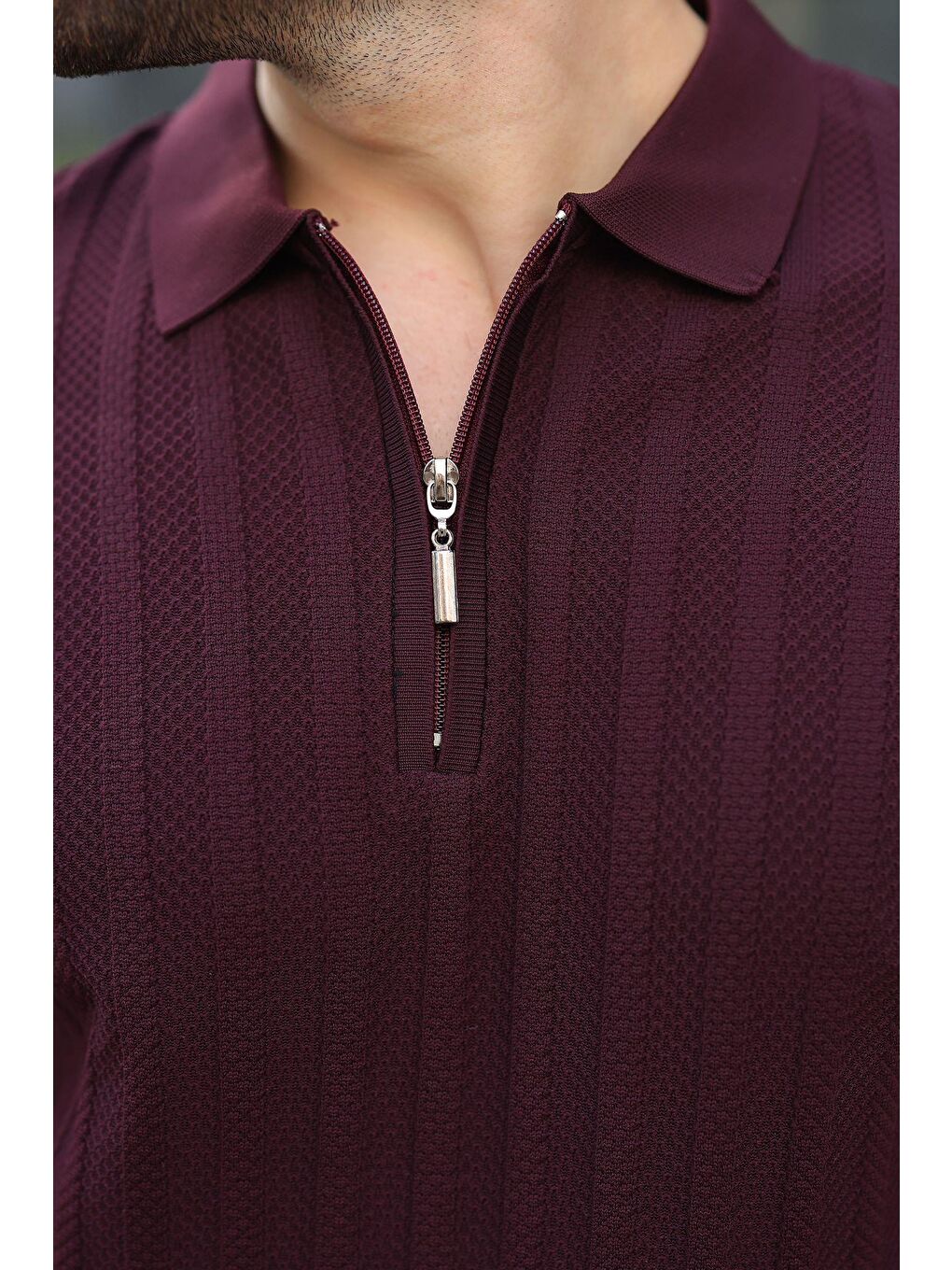 Bordo Yarım Fermuarlı Polo Yaka Erkek Triko Tişört E7458-2