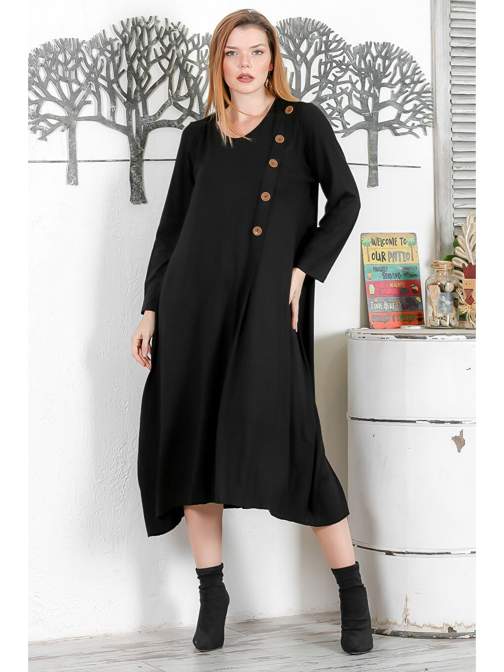 Siyah Yuvarlak Yaka Uzun Kol Düğmeli Casual Salaş Örme Elbise-1