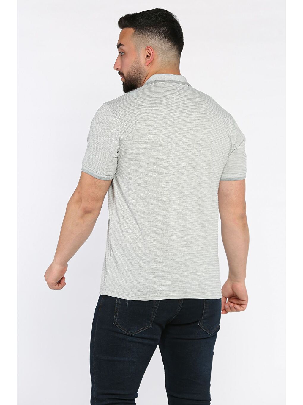 Gri Erkek Polo Yaka Yarım Düğmeli Cepli Tişört-2
