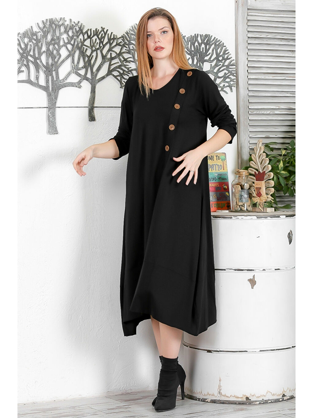 Siyah Yuvarlak Yaka Uzun Kol Düğmeli Casual Salaş Örme Elbise-3