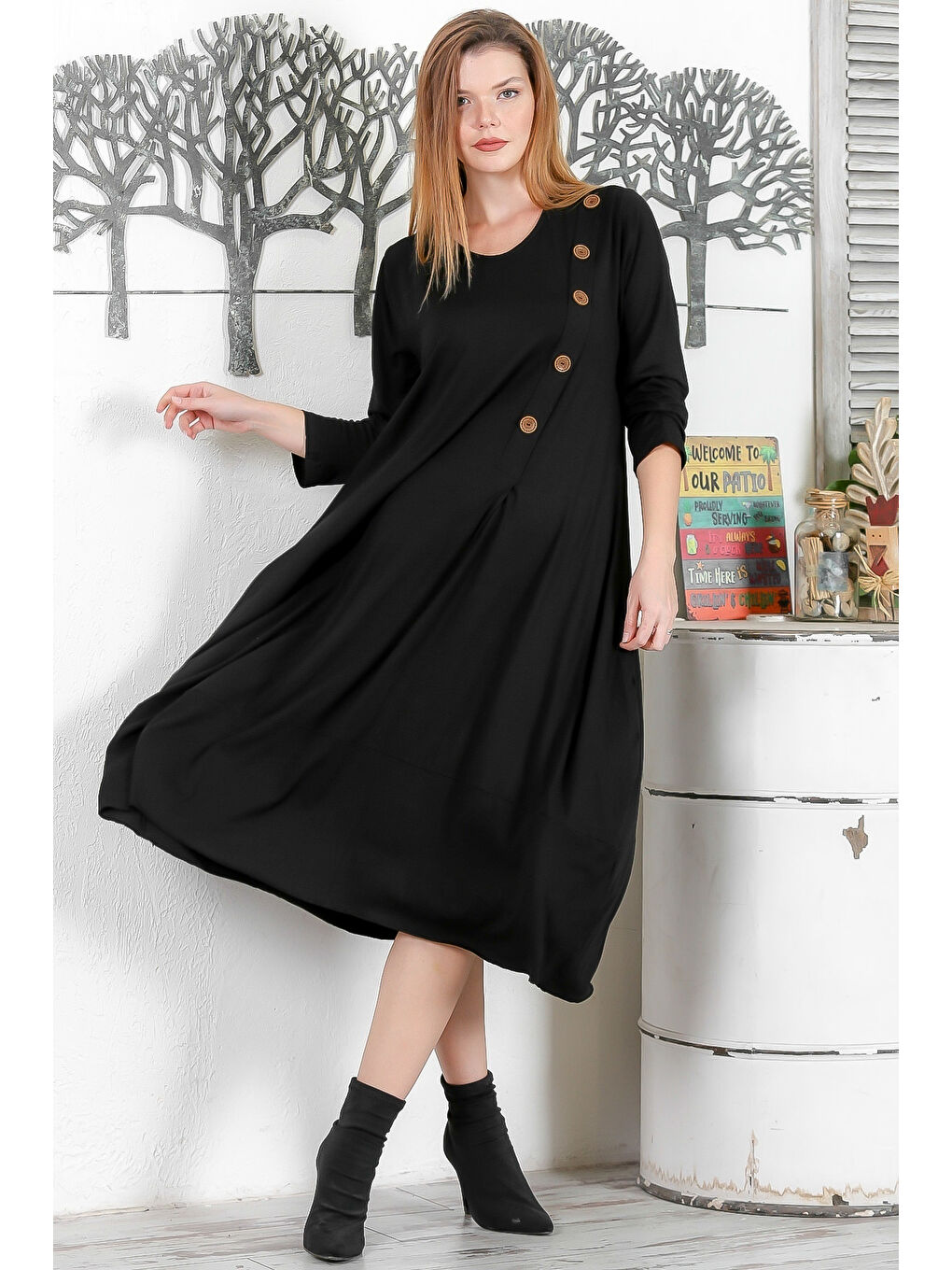 Siyah Yuvarlak Yaka Uzun Kol Düğmeli Casual Salaş Örme Elbise-4