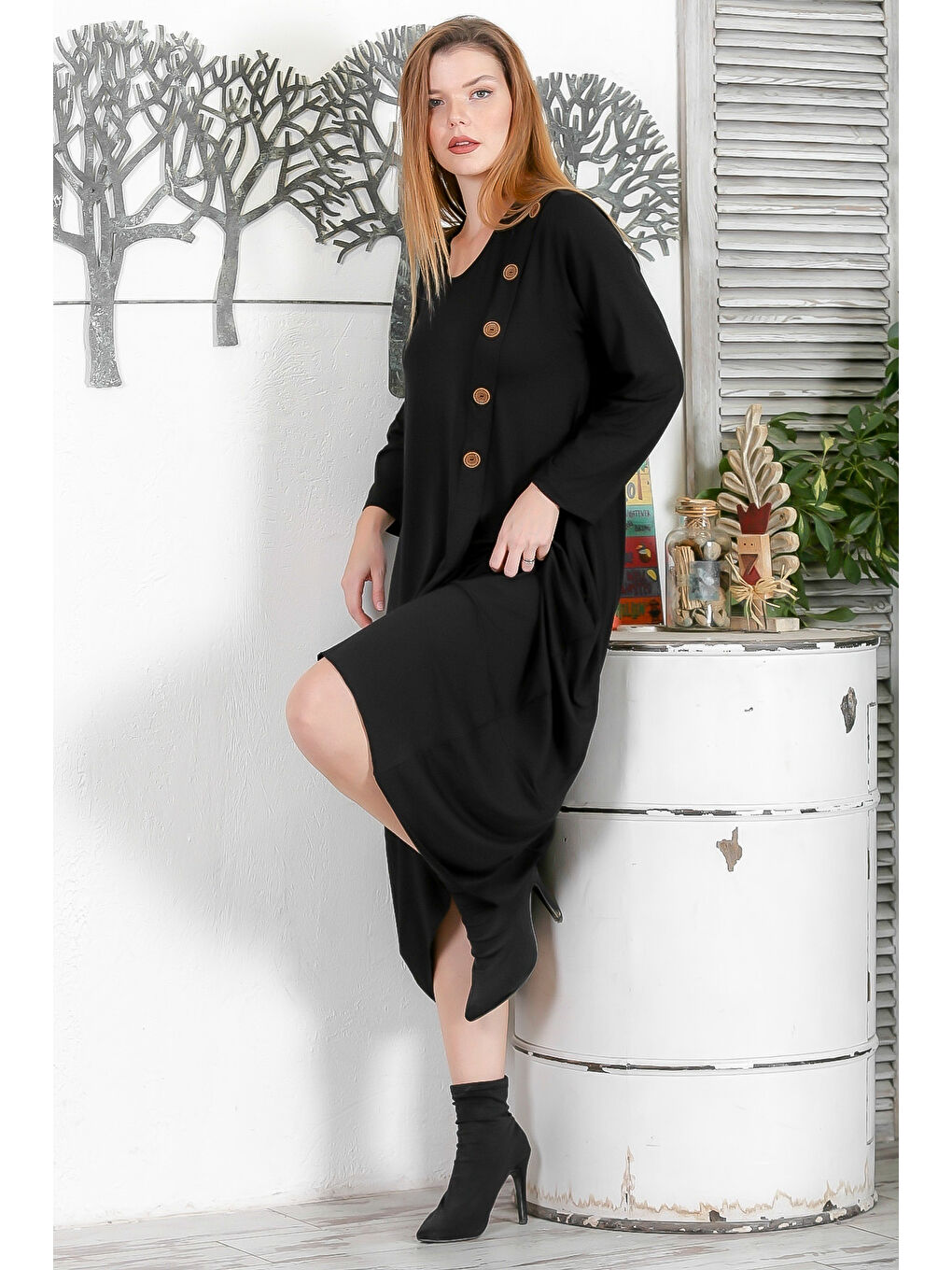 Siyah Yuvarlak Yaka Uzun Kol Düğmeli Casual Salaş Örme Elbise-5