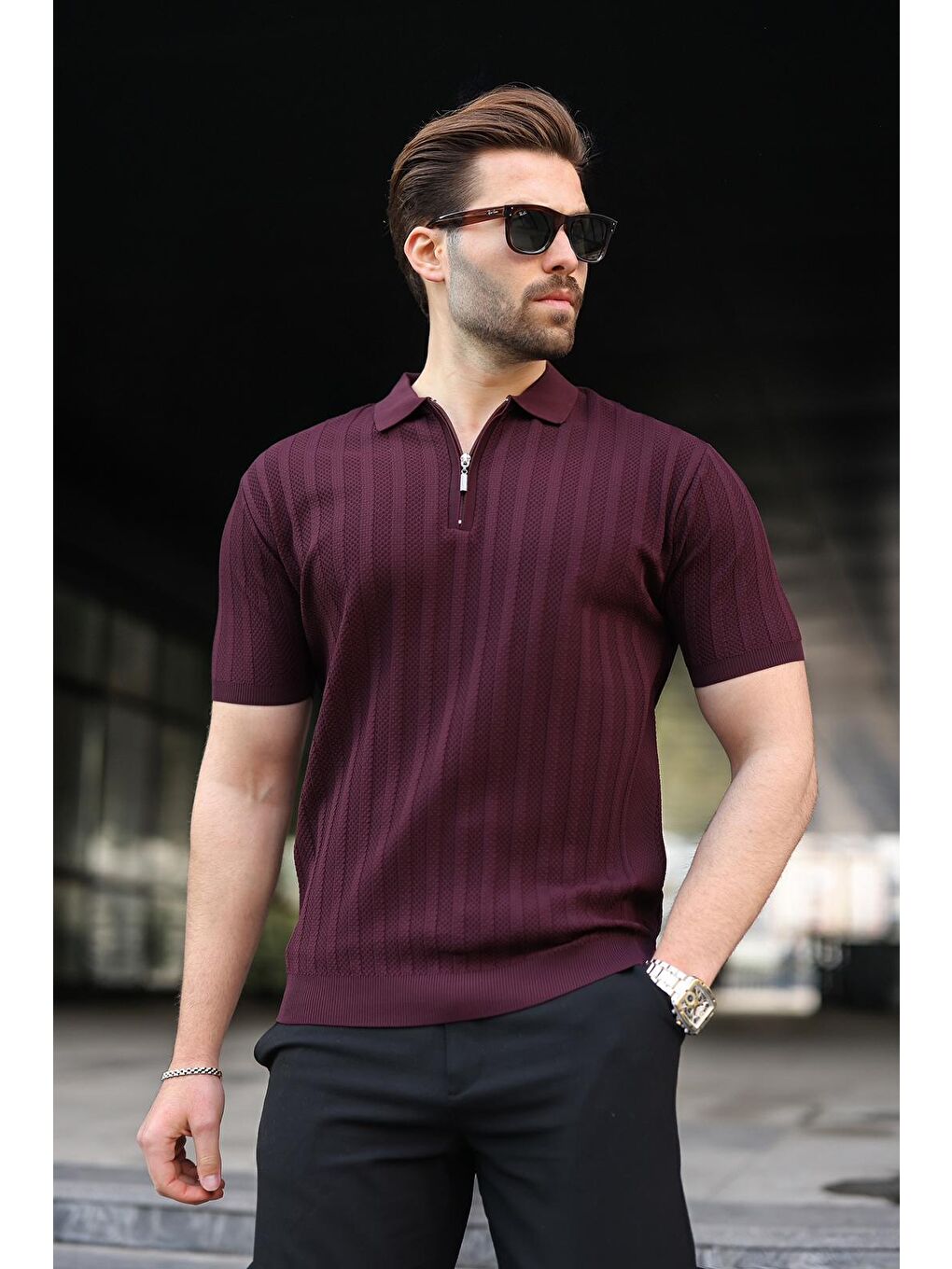 Bordo Yarım Fermuarlı Polo Yaka Erkek Triko Tişört E7458-3
