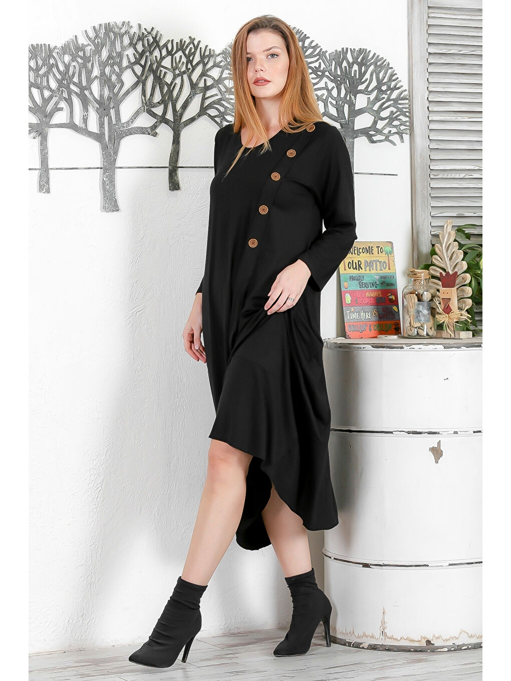 Siyah Yuvarlak Yaka Uzun Kol Düğmeli Casual Salaş Örme Elbise-6