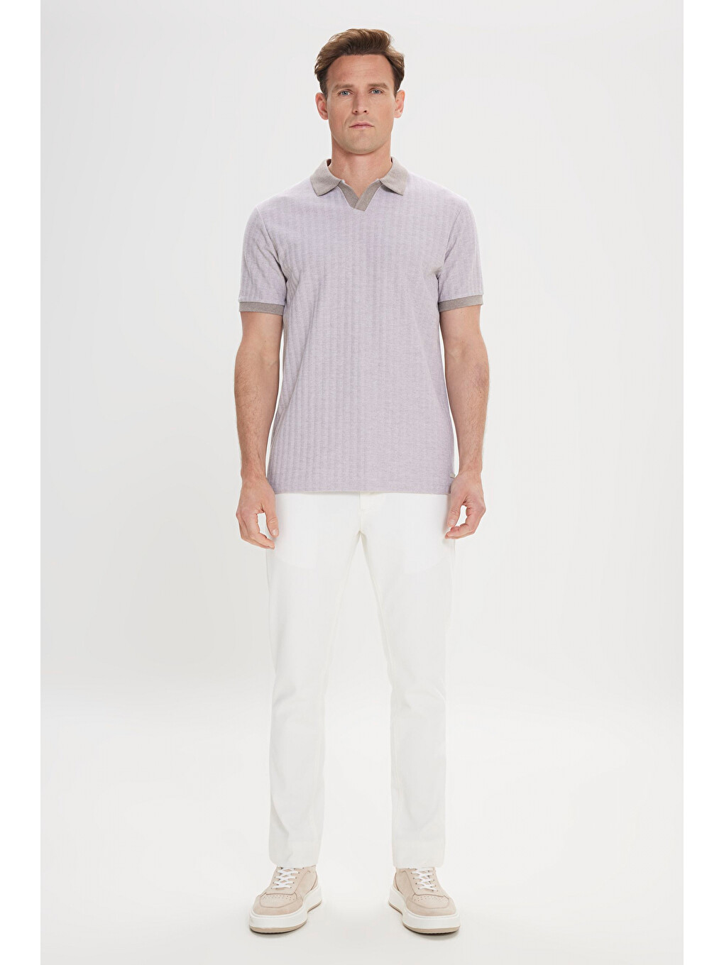 Bej Erkek Vizon Pamuklu Slim Fit Dar Kesim Polo Yaka Jakarlı Tişört-1