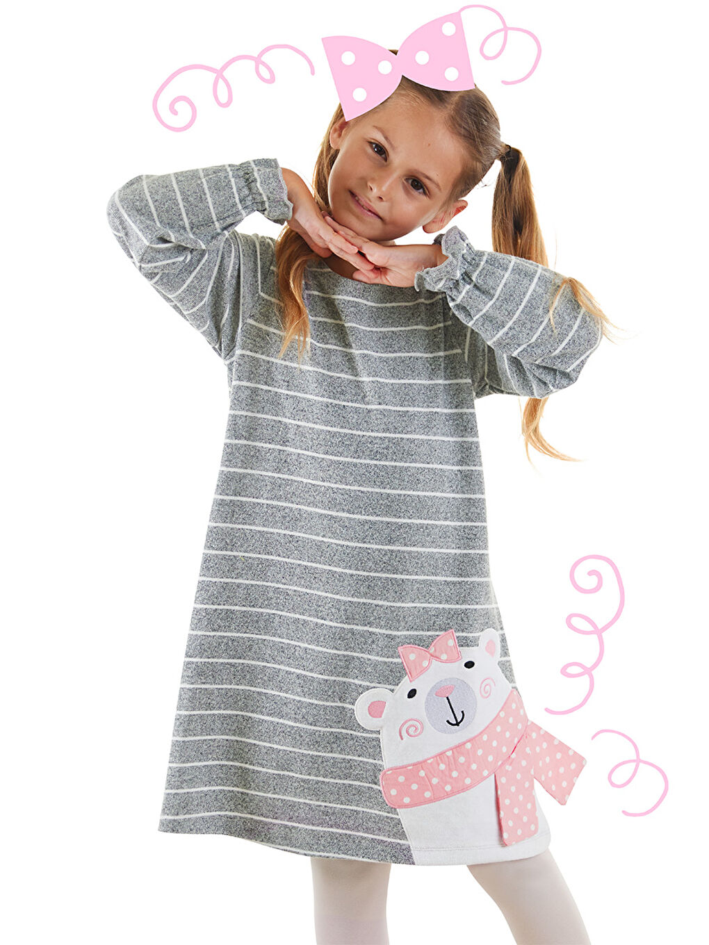 Gri Ayıcık Kız Çocuk Çizgili Elbise