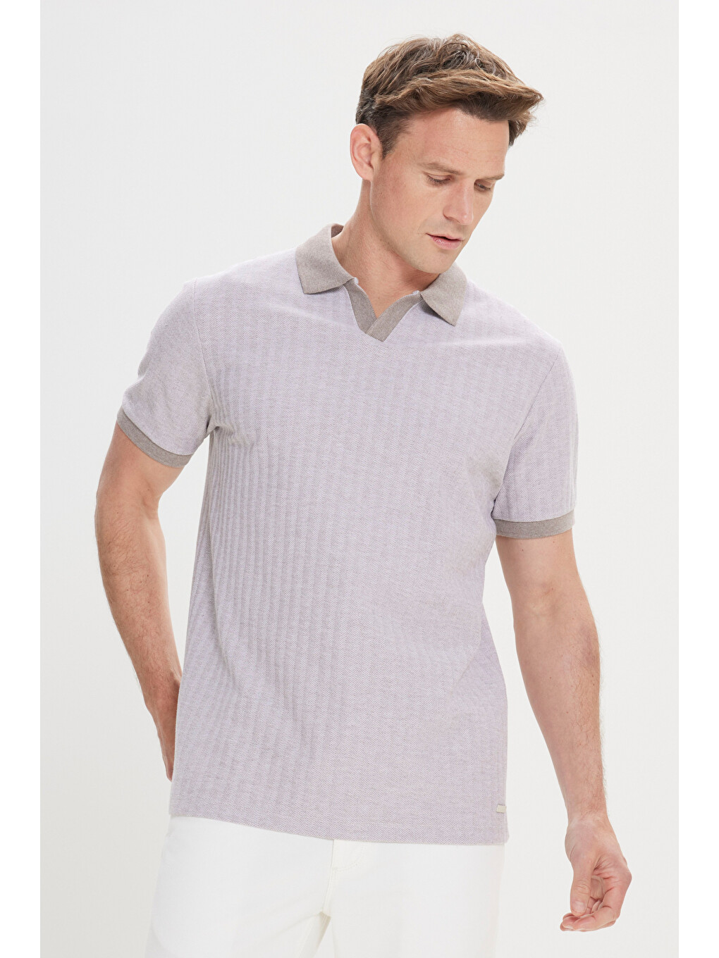 Bej Erkek Vizon Pamuklu Slim Fit Dar Kesim Polo Yaka Jakarlı Tişört-2