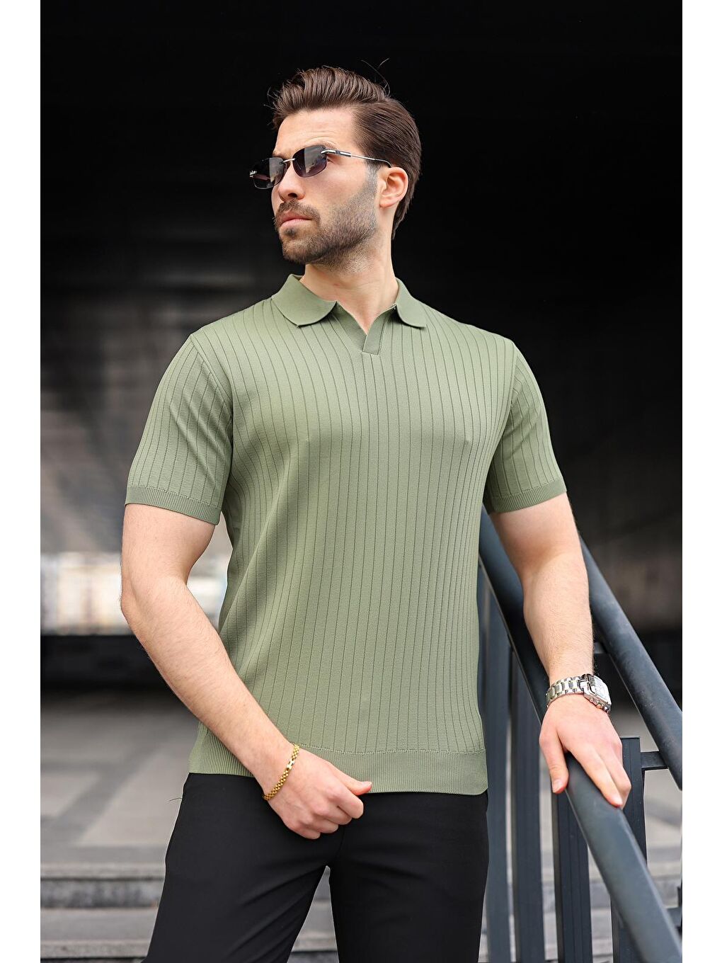 Haki Polo Yaka Triko Erkek Tişört E7461-1