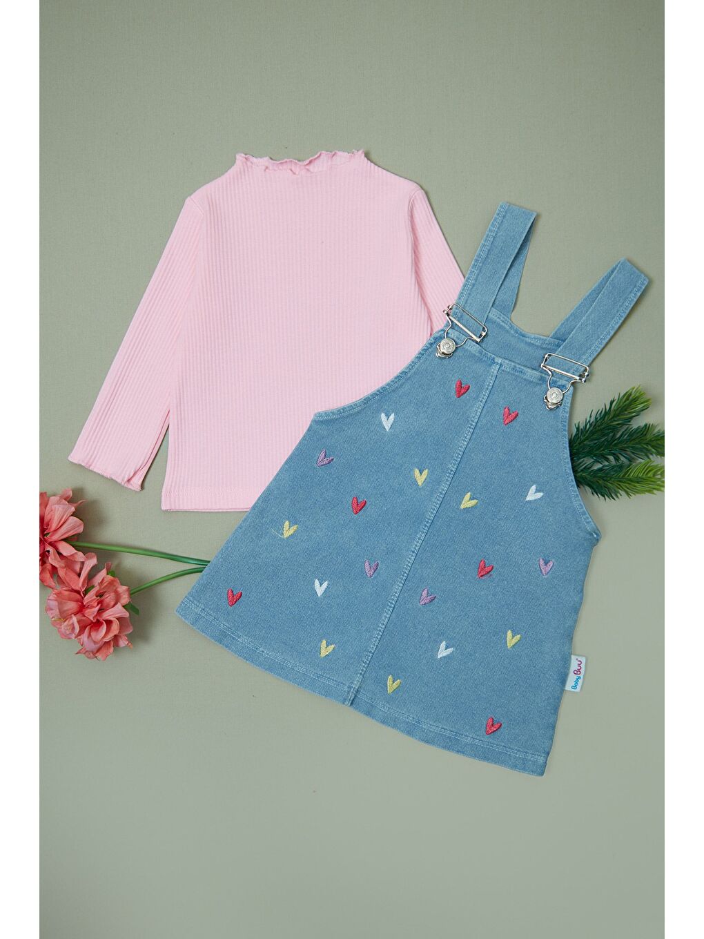 Pembe %100 Pamuk Papatya Nakışlı Kız Çocuk 2 Lİ Salopet Takım