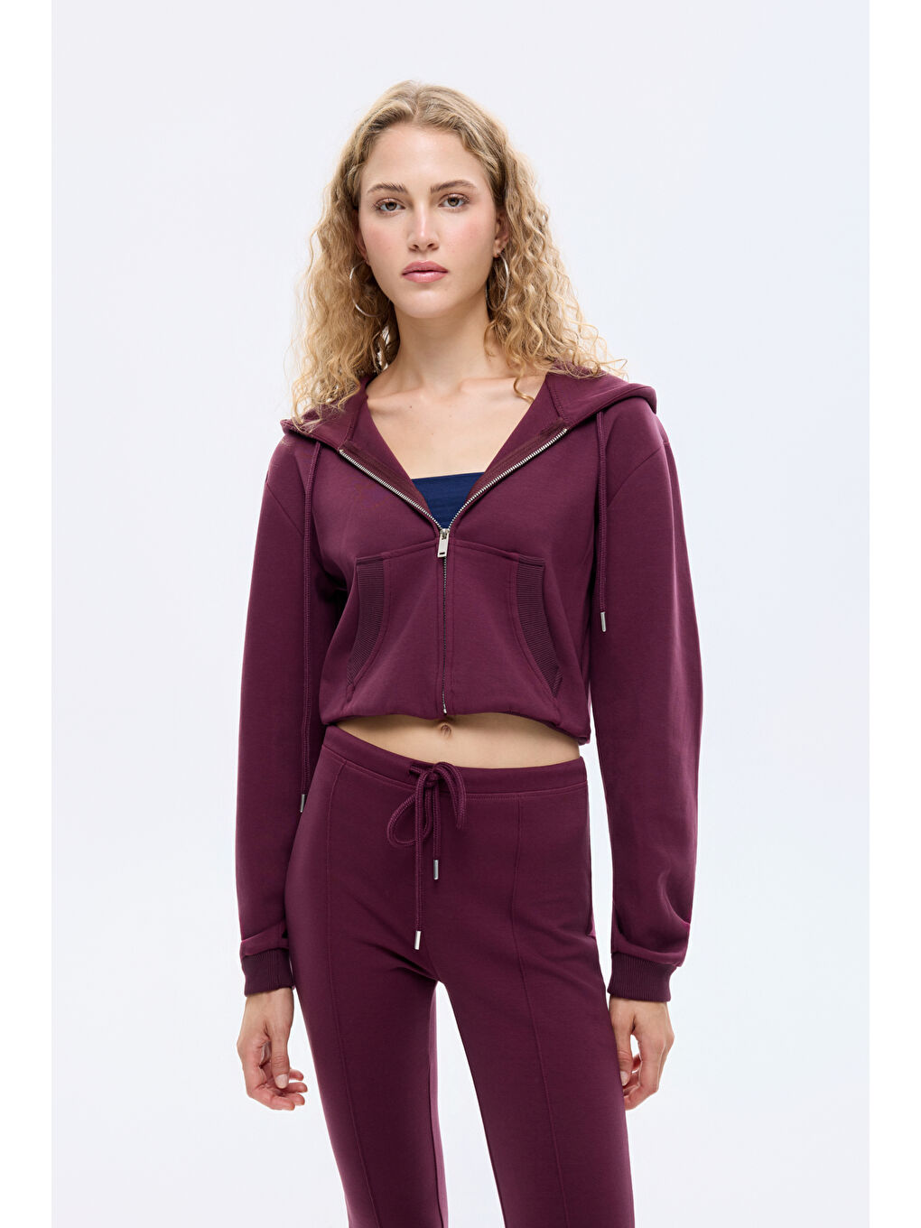 Kapüşonlu Fermuarlı Basic Sweatshirt Bordo