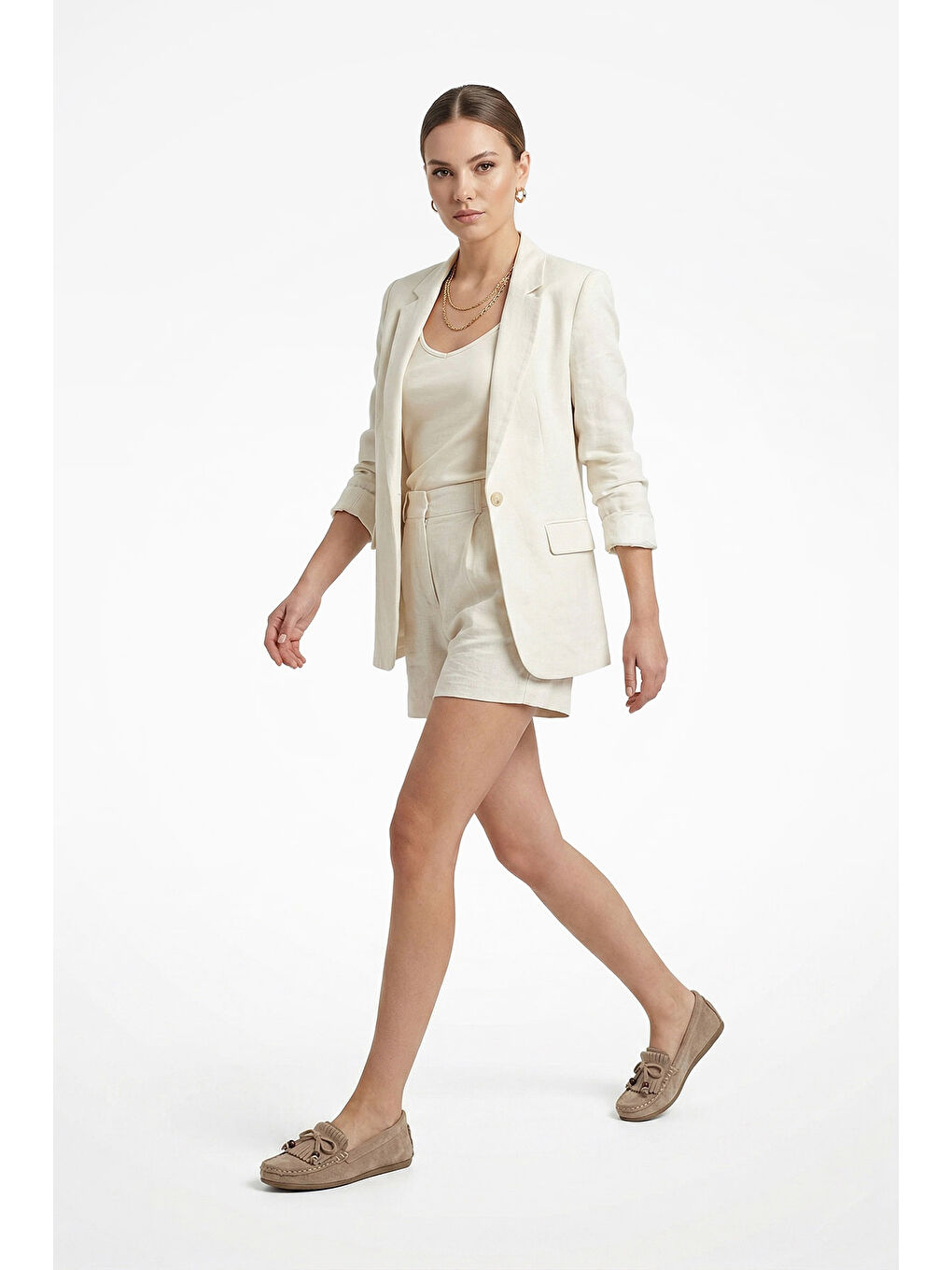 Bej Kadın KUM Fiyonklu Hakiki Deri Comfort Loafer-2