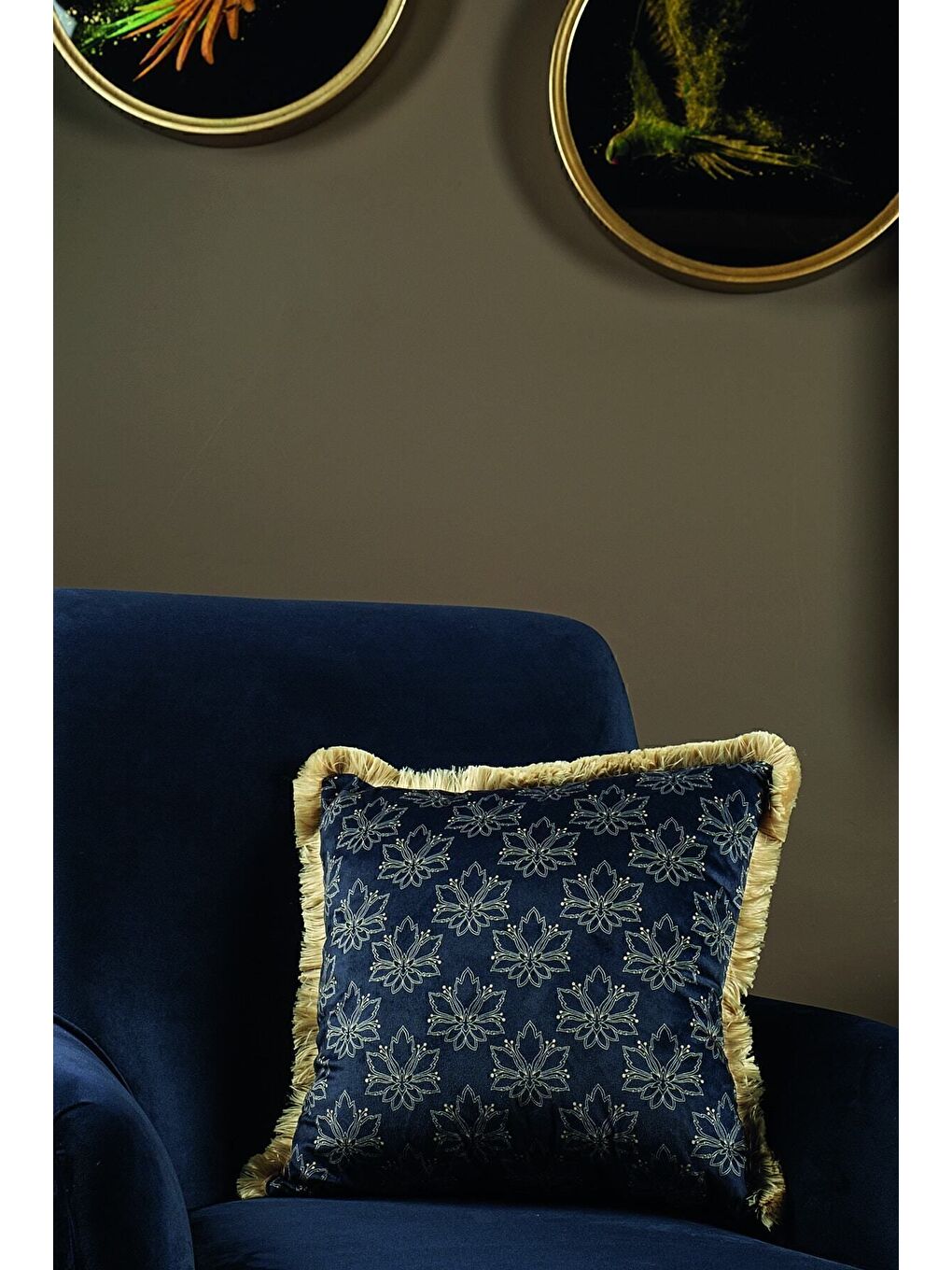 Lüks Kadife 43x43 Cm Kırlent Kılıfı Dekoratif Yumuşak Salon Koltuk Avangart Saçaklı Lacivert