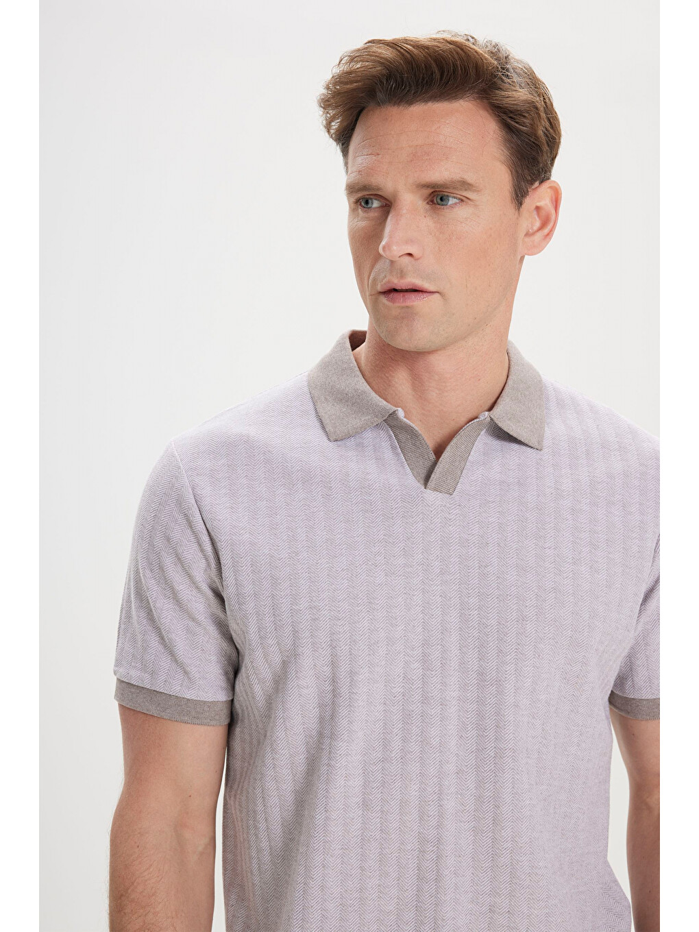 Bej Erkek Vizon Pamuklu Slim Fit Dar Kesim Polo Yaka Jakarlı Tişört-3
