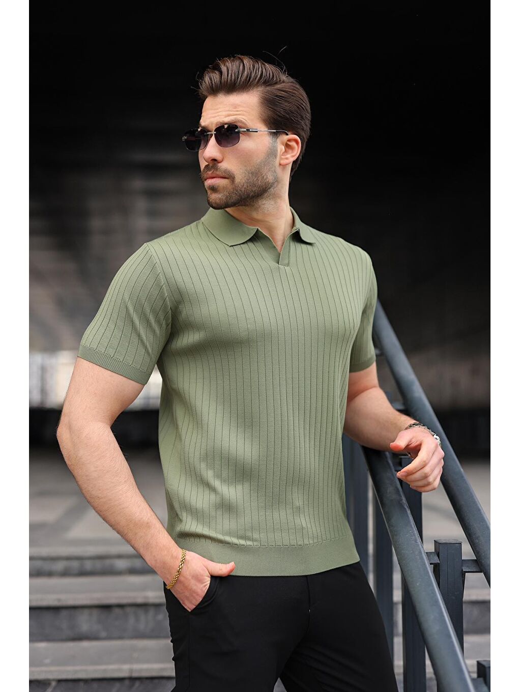 Haki Polo Yaka Triko Erkek Tişört E7461-3