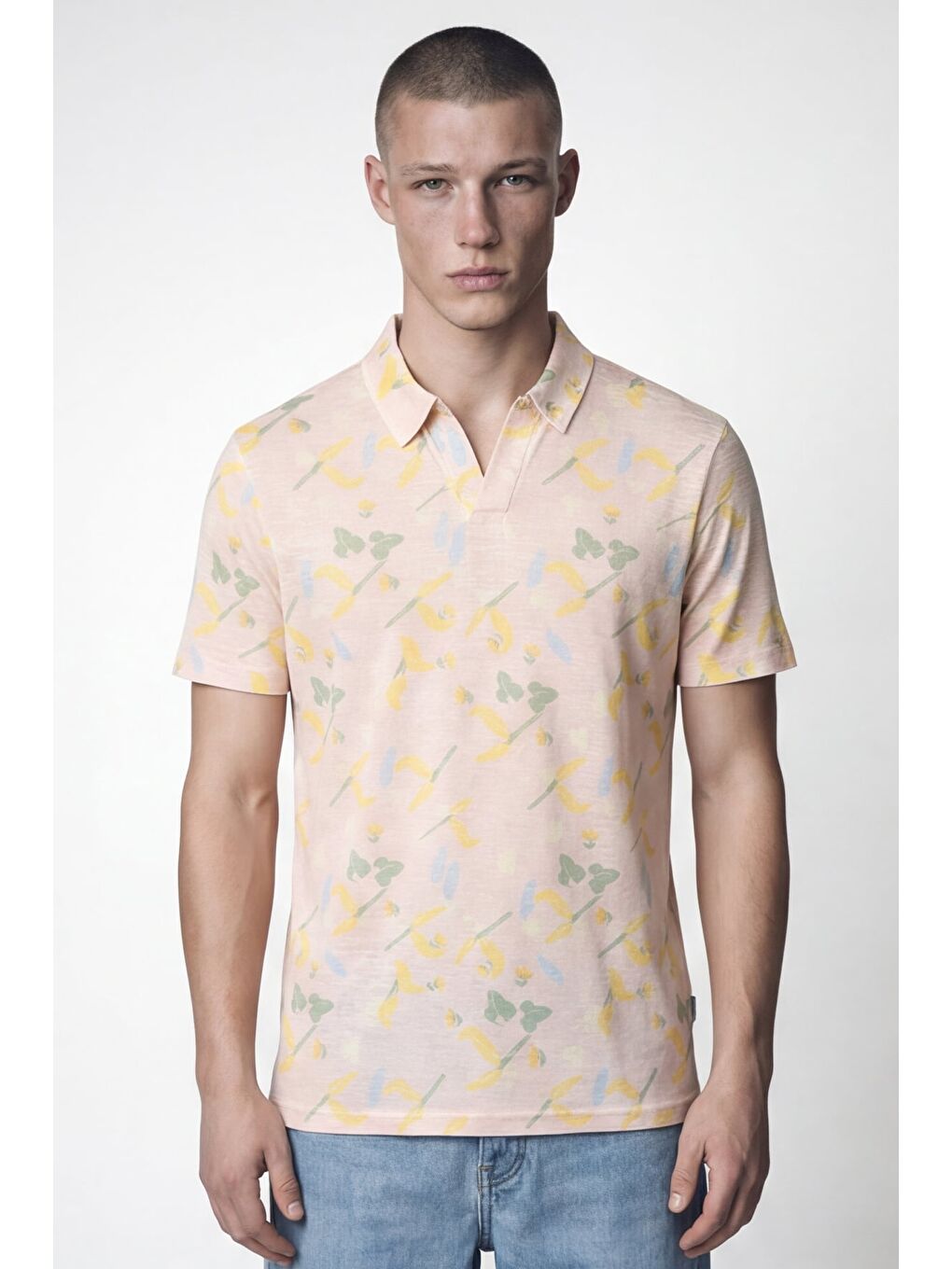 Pembe Giotelli Erkek Pudra Dar Kesim Slim Fit Desenli Kısa Kollu Polo Yaka Tişört