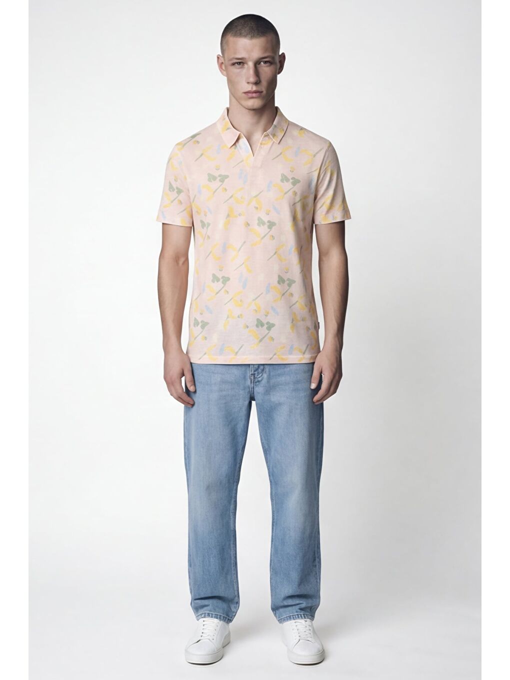 Pembe Giotelli Erkek Pudra Dar Kesim Slim Fit Desenli Kısa Kollu Polo Yaka Tişört-1