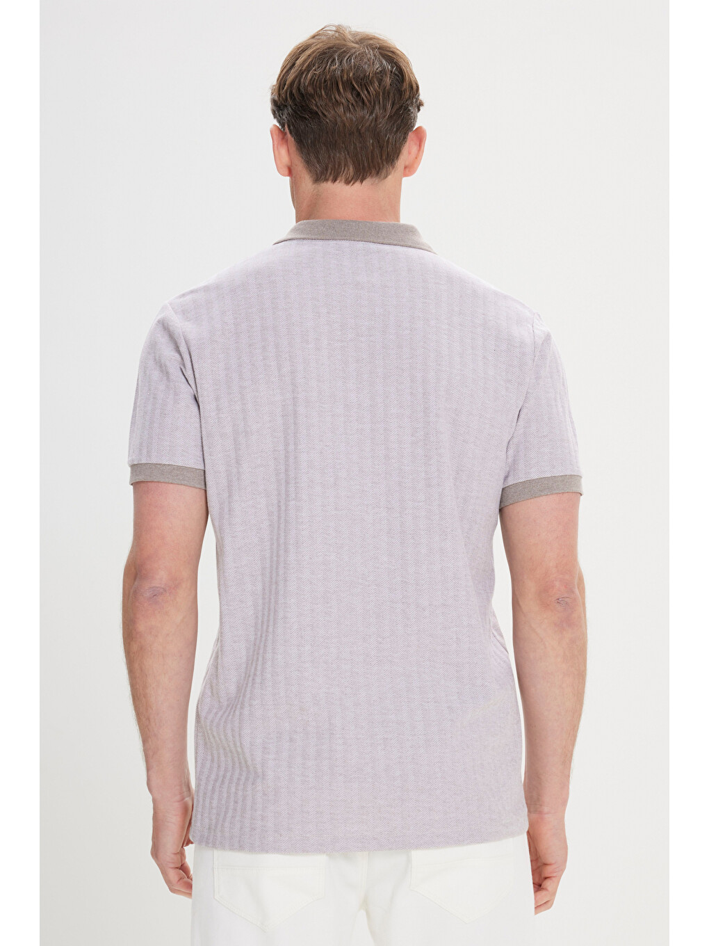 Bej Erkek Vizon Pamuklu Slim Fit Dar Kesim Polo Yaka Jakarlı Tişört-4