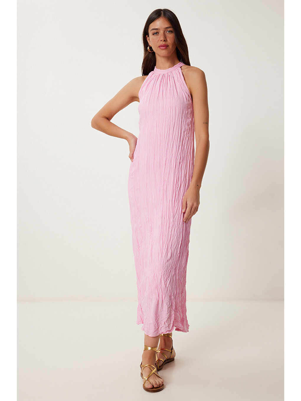 Pembe Kırışık Efektli Yazlık Pamuklu Elbise PEMBE LGK0005-2