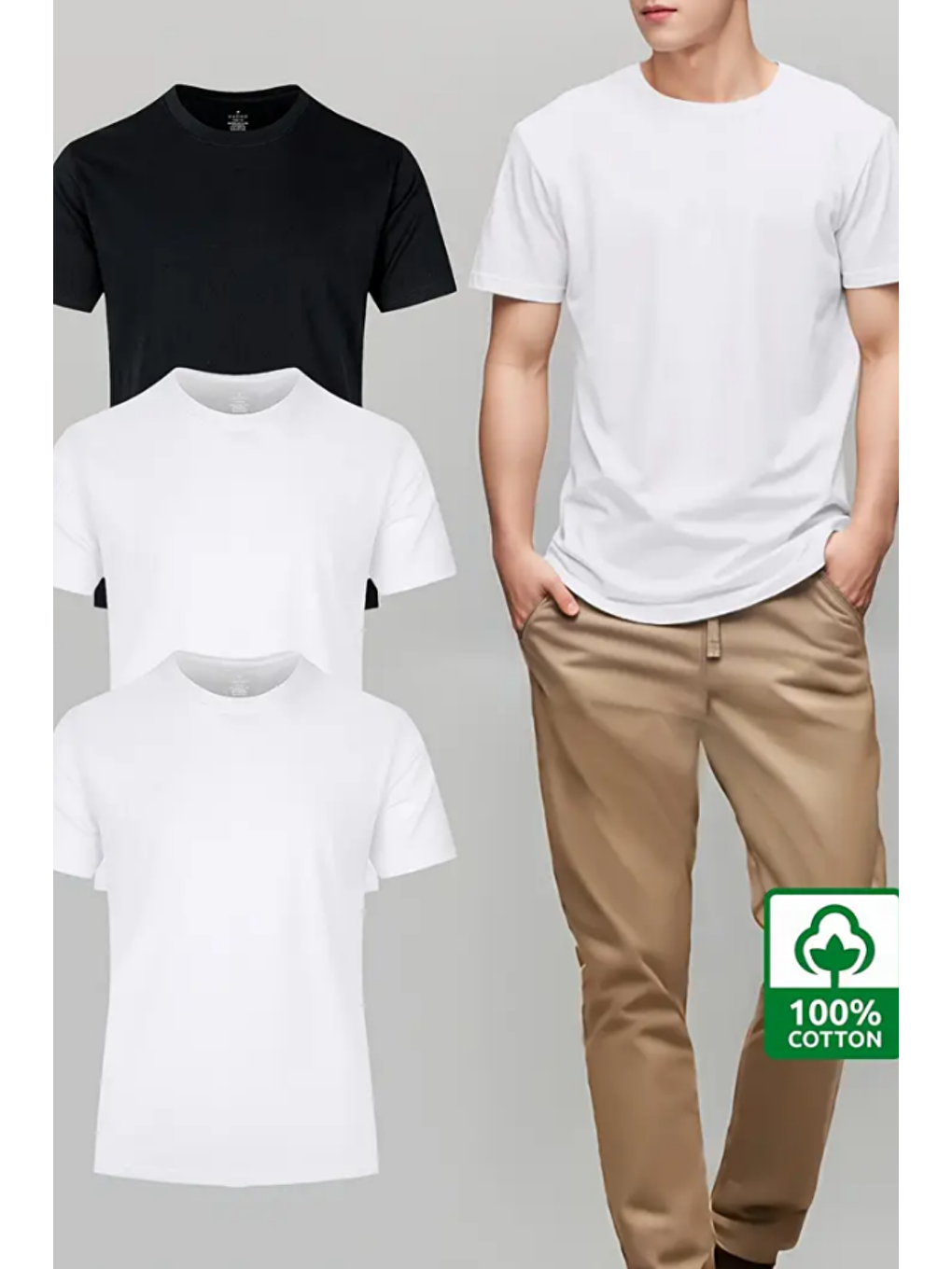 Karışık Beyaz Beyaz Siyah  3'lü Basic Bisiklet Yaka T-shirt