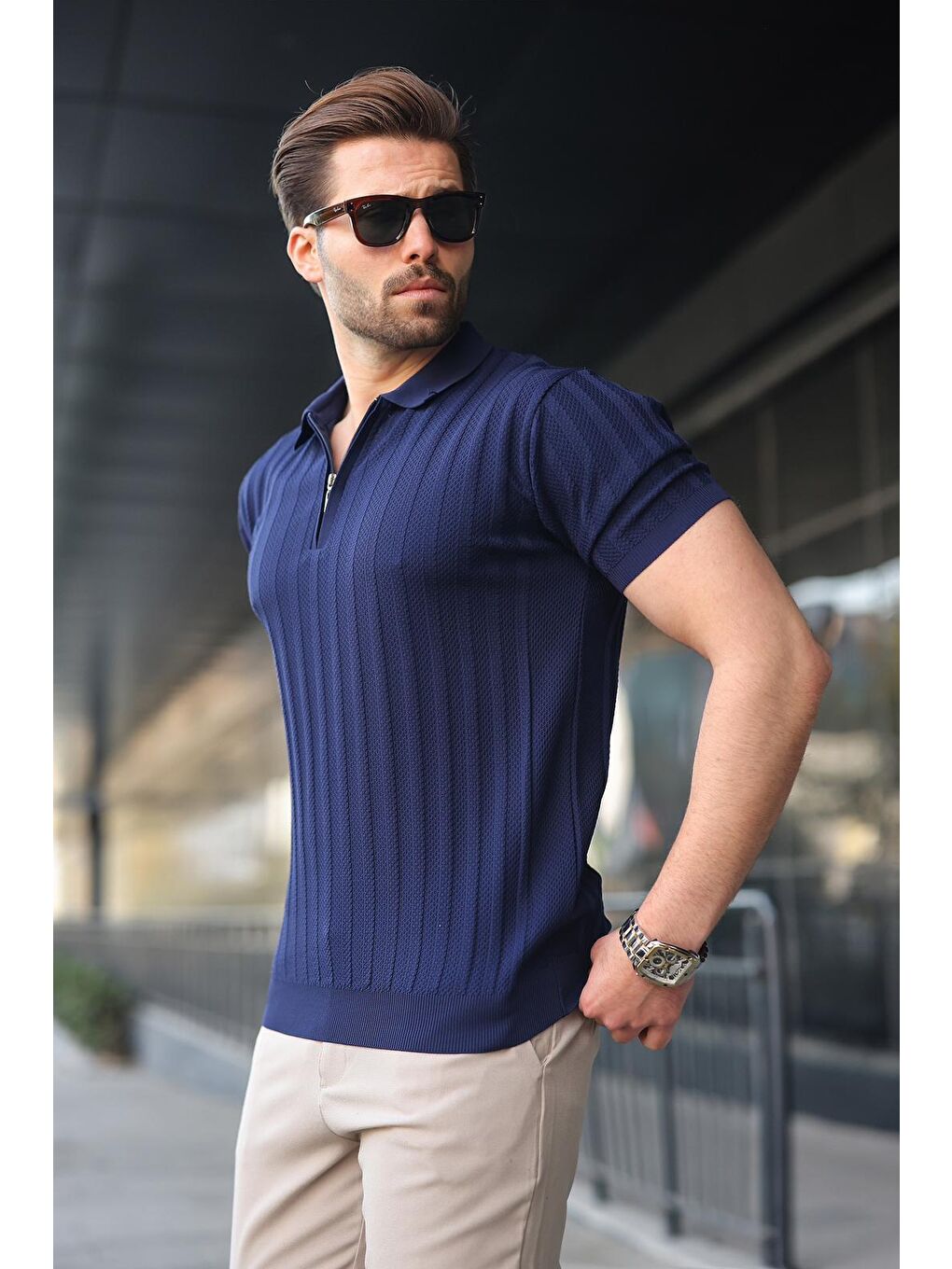 Lacivert Yarım Fermuarlı Polo Yaka Erkek Triko Tişört E7458