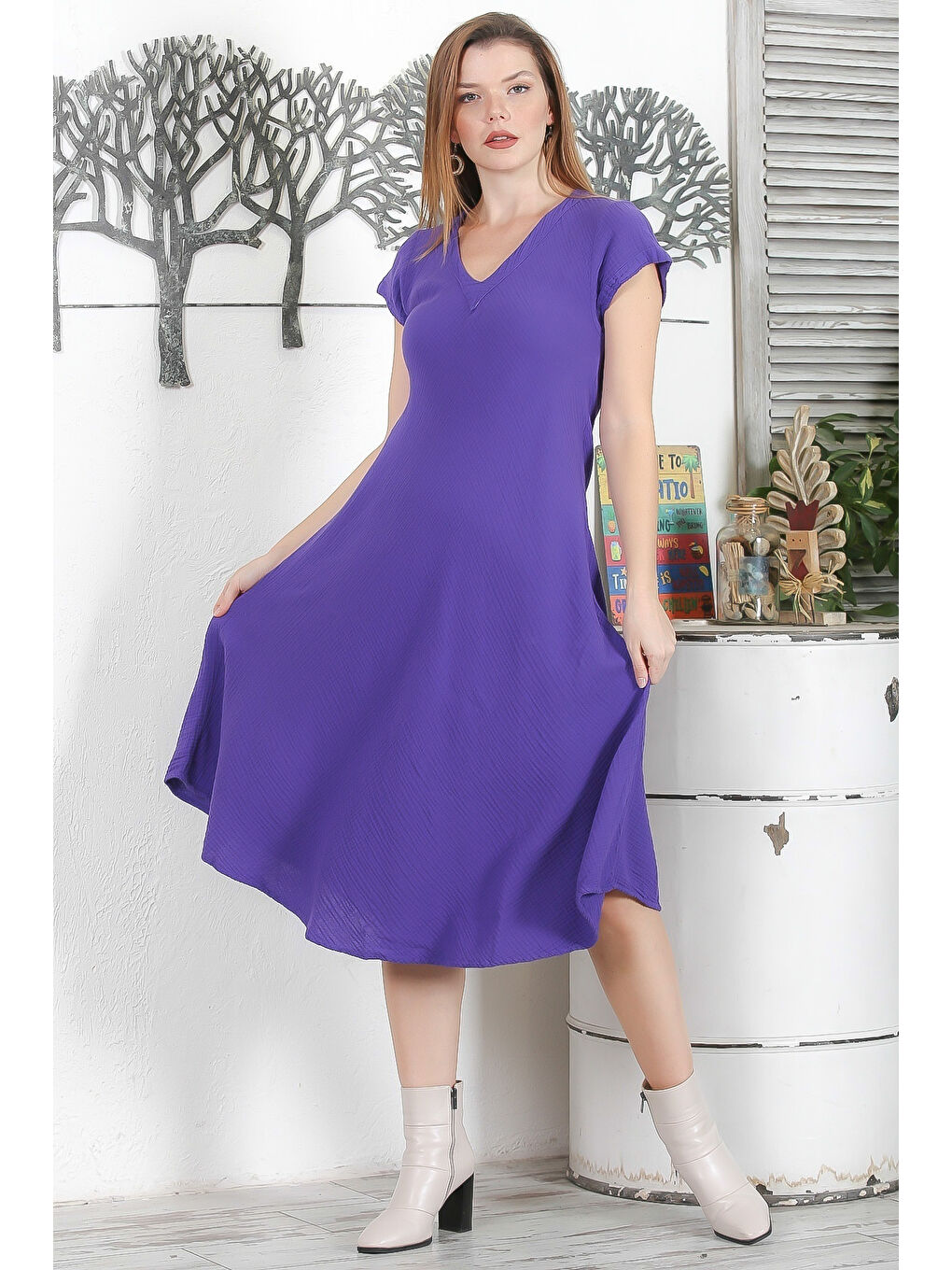 Mor V Yaka Düşük Kol Casual Müslin Dokuma Elbise