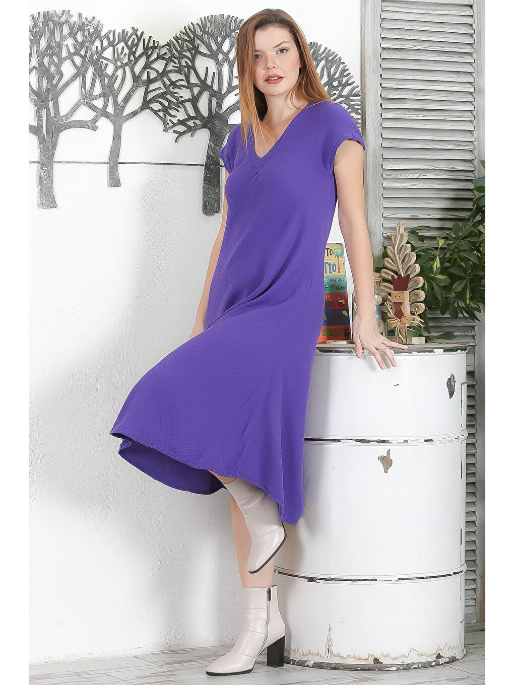Mor V Yaka Düşük Kol Casual Müslin Dokuma Elbise-2