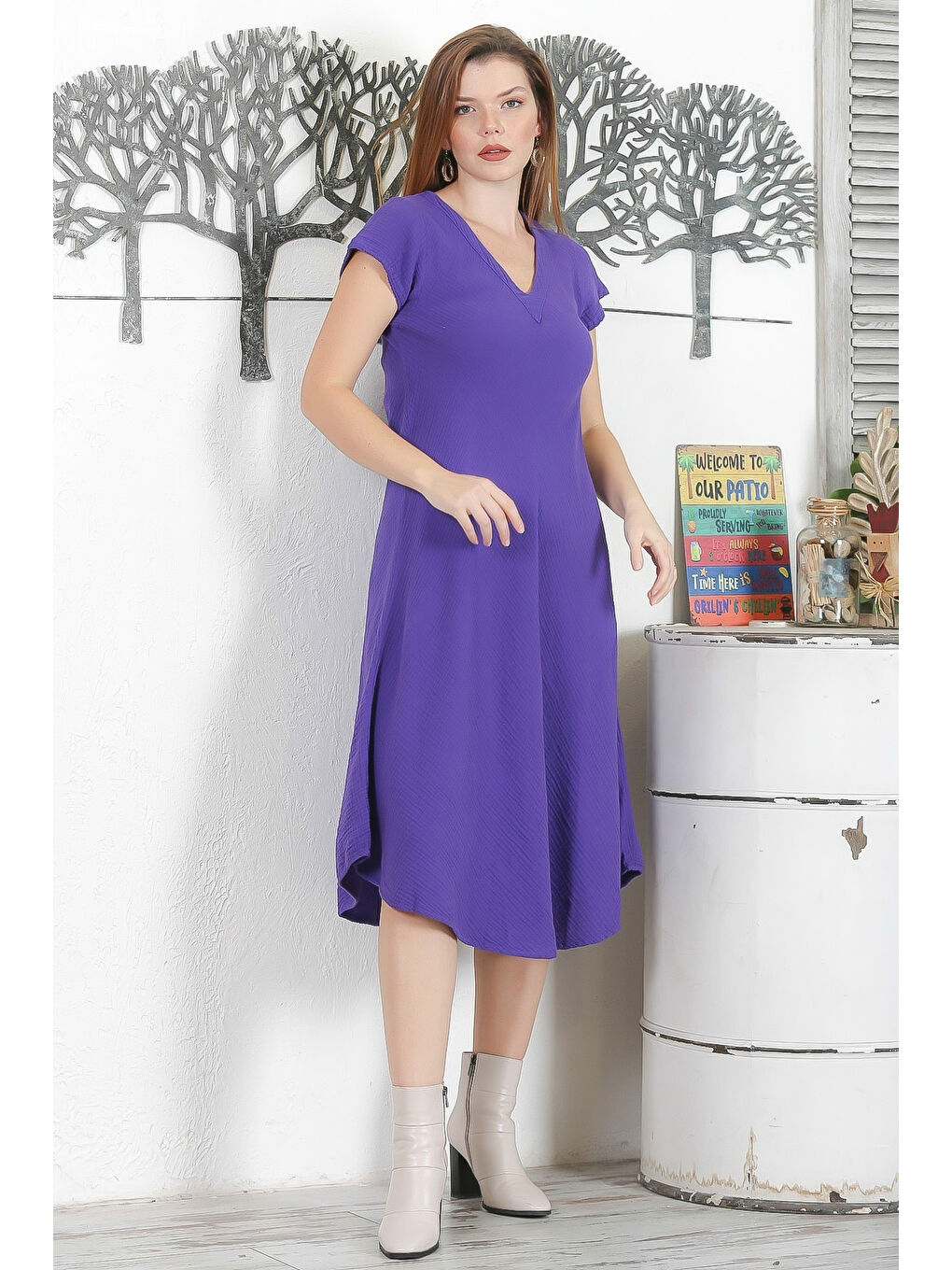 Mor V Yaka Düşük Kol Casual Müslin Dokuma Elbise-3