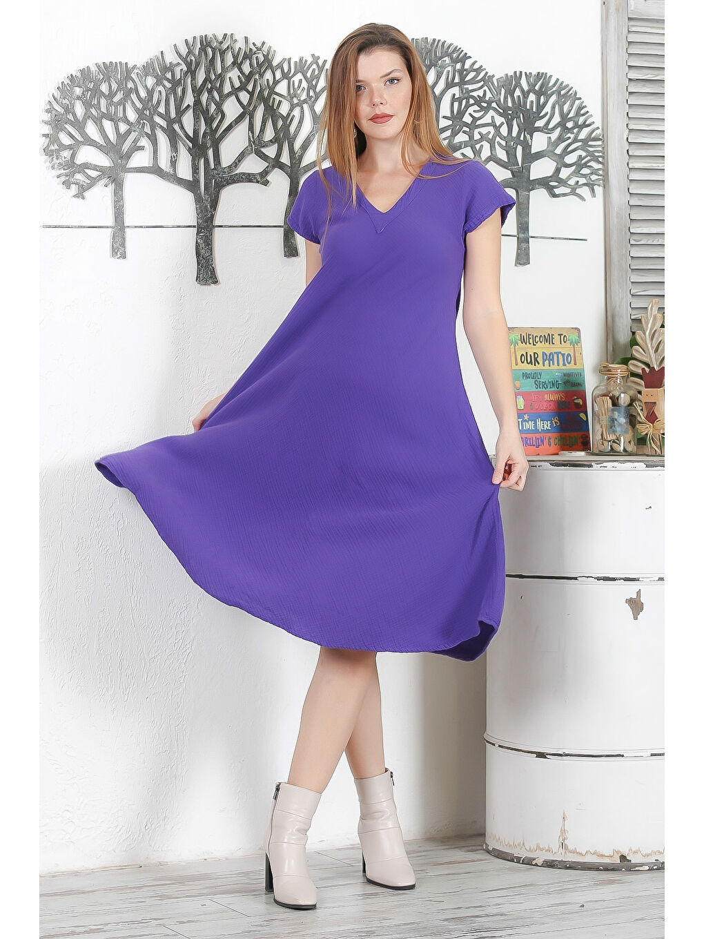 Mor V Yaka Düşük Kol Casual Müslin Dokuma Elbise-4