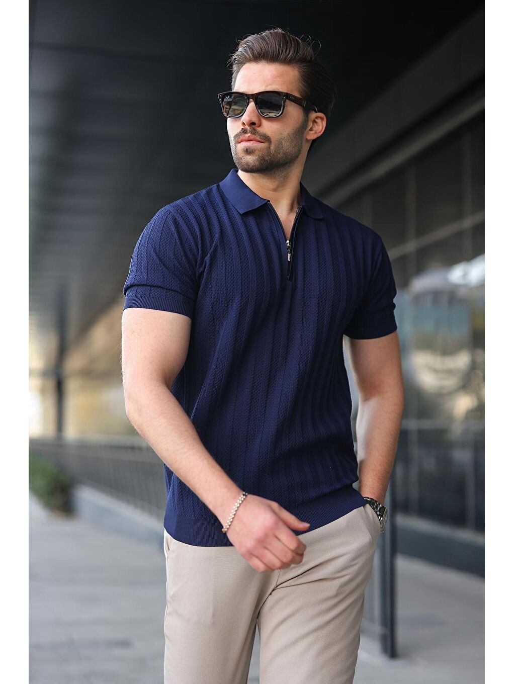 Lacivert Yarım Fermuarlı Polo Yaka Erkek Triko Tişört E7458-1