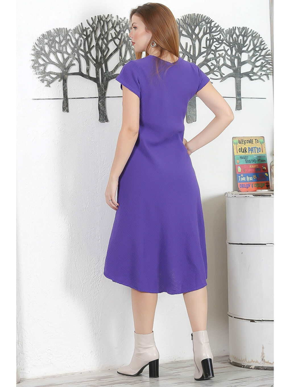 Mor V Yaka Düşük Kol Casual Müslin Dokuma Elbise-6