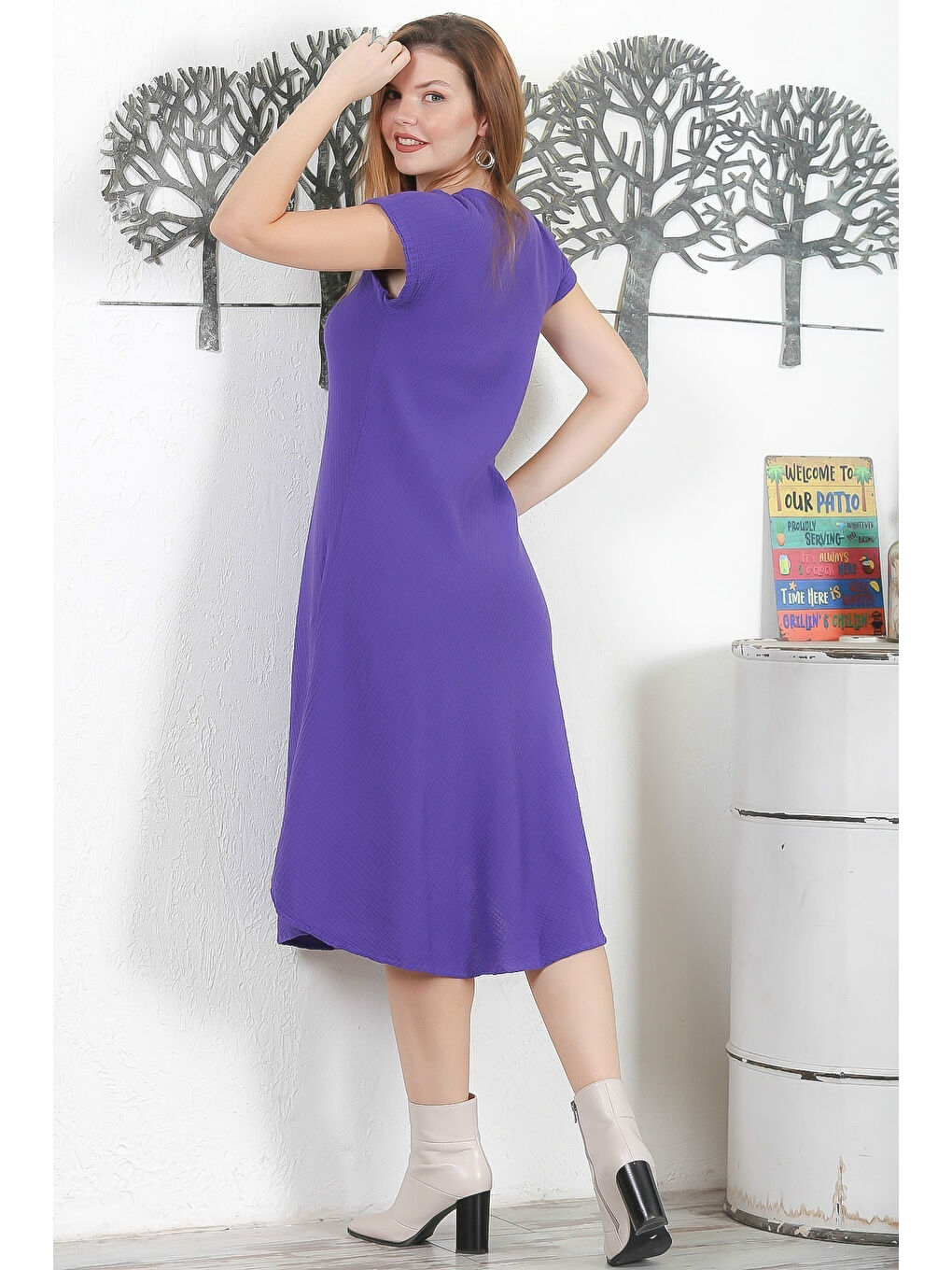 Mor V Yaka Düşük Kol Casual Müslin Dokuma Elbise-7