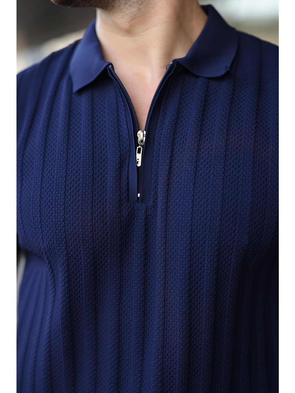 Lacivert Yarım Fermuarlı Polo Yaka Erkek Triko Tişört E7458-2