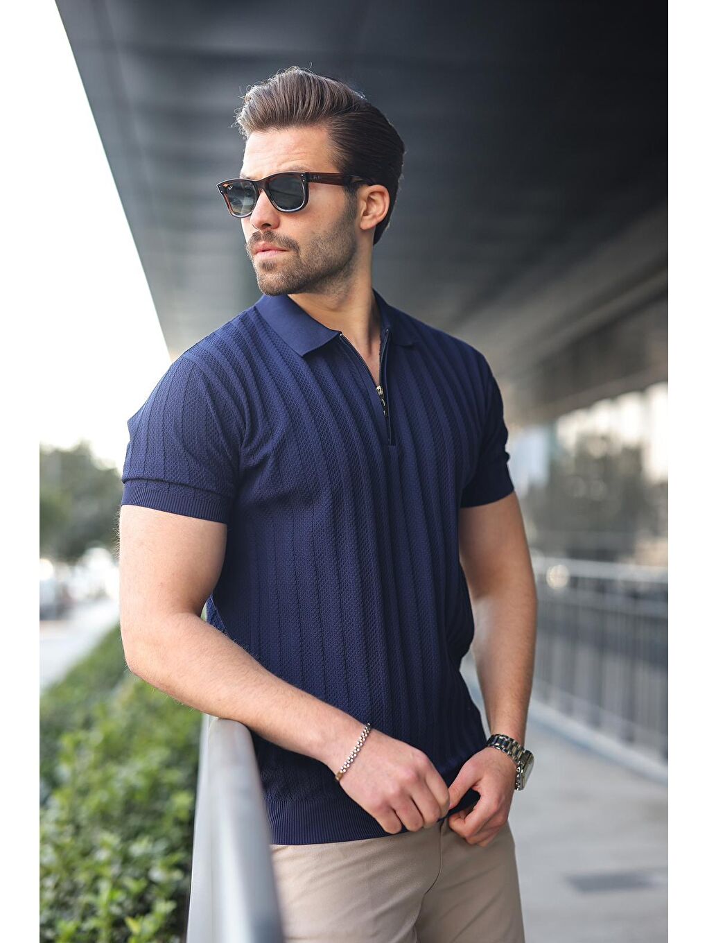 Lacivert Yarım Fermuarlı Polo Yaka Erkek Triko Tişört E7458-3