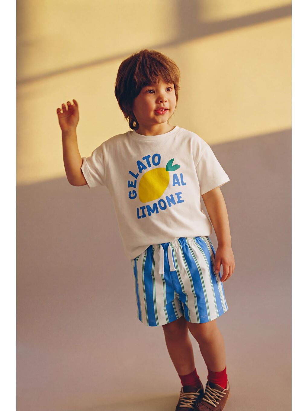 Karışık Erkek Çocuk Pamuklu Beyaz Limon Baskılı T-Shirtli Çizgili Şort Takım
