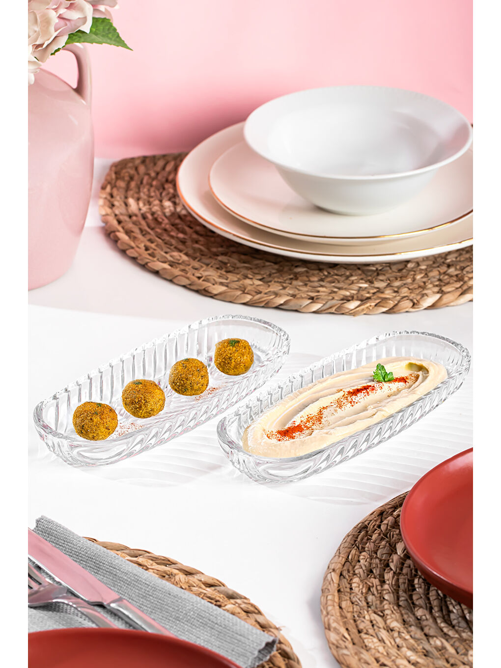 Renksiz 1256 Santa 2'li Cam Sunum Tabağı Seti - Servis Tabağı - Kayık Tabak Sosluk Çerezlik 8.5x19 cm-1