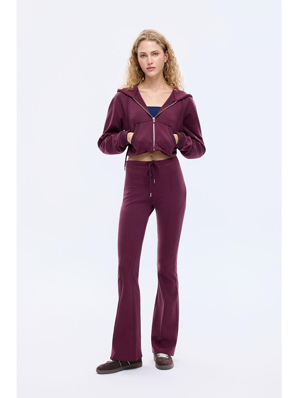 Kapüşonlu Fermuarlı Basic Sweatshirt Bordo-2