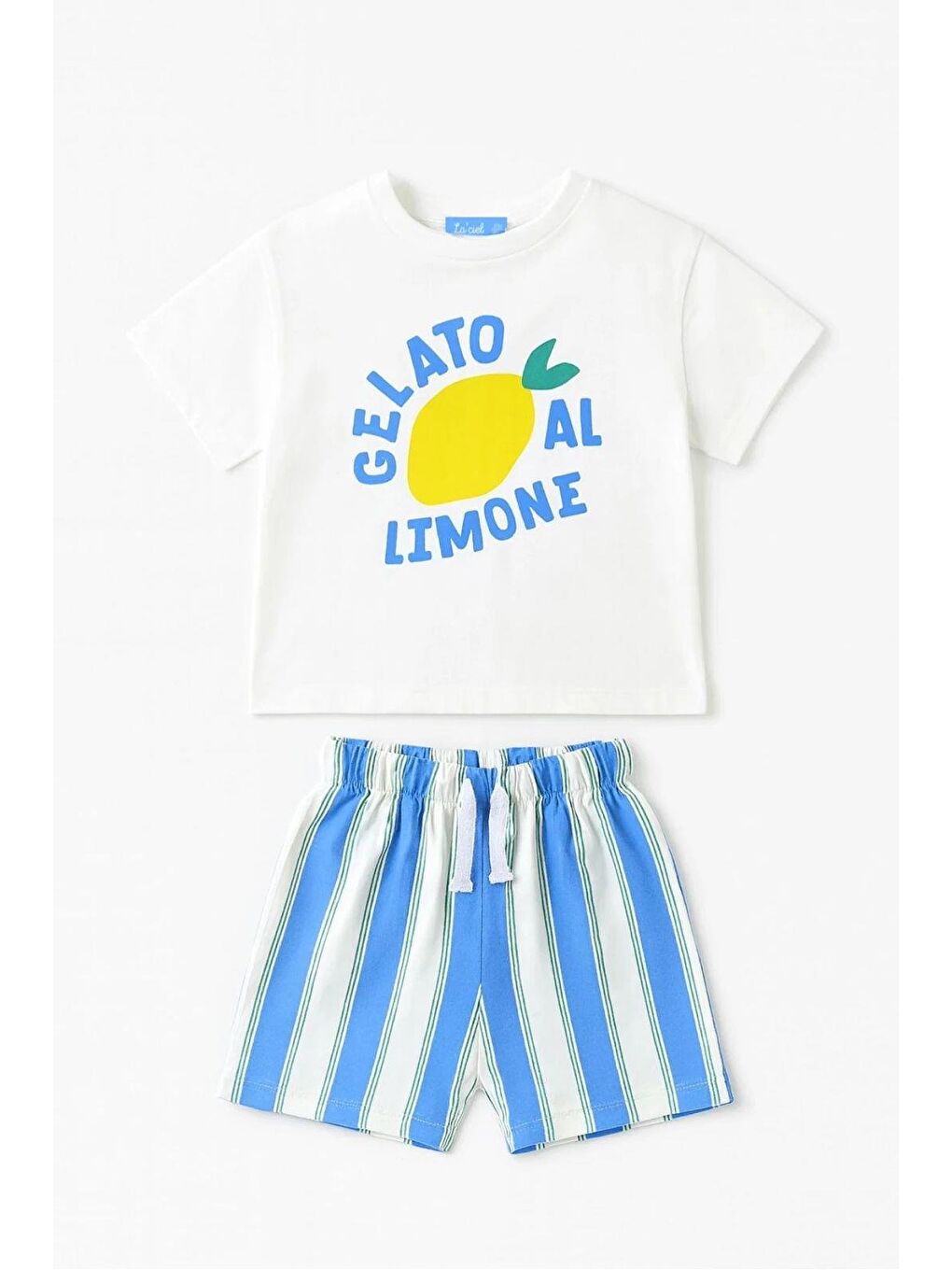 Karışık Erkek Çocuk Pamuklu Beyaz Limon Baskılı T-Shirtli Çizgili Şort Takım-1