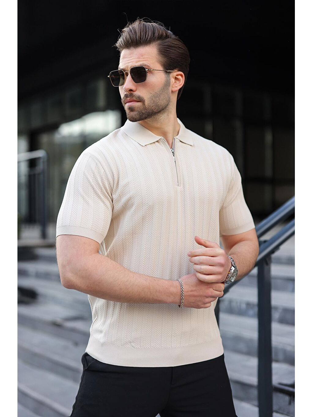 Bej Taş Rengi Yarım Fermuarlı Polo Yaka Erkek Triko Tişört E7458-1