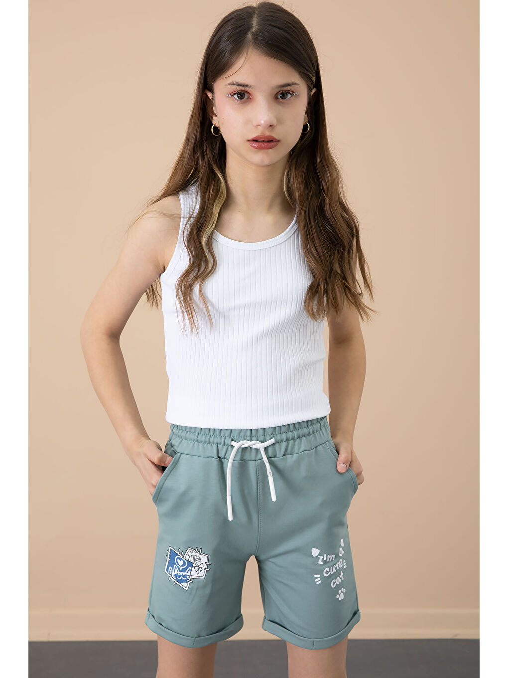 Yeşil Patili Cute Baskılı Kız Çocuk Beli Lastikli Şort 20730