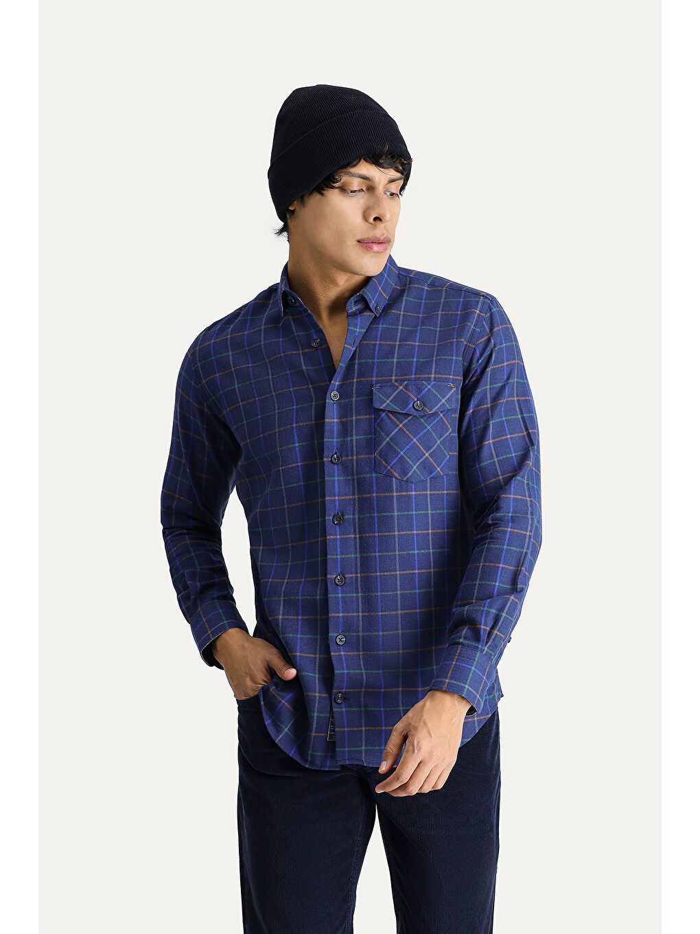 Lacivert Uzun Kol Slim Fit Dar Kesim Ekose Spor Pamuk Düğmeli Yaka %100 Pamuk Gömlek