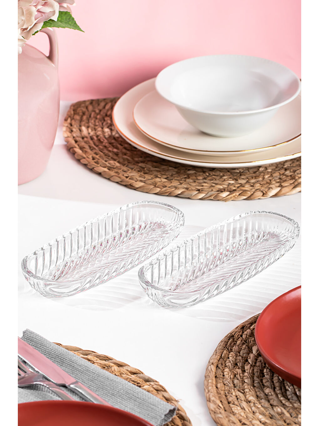 Renksiz 1256 Santa 2'li Cam Sunum Tabağı Seti - Servis Tabağı - Kayık Tabak Sosluk Çerezlik 8.5x19 cm-3