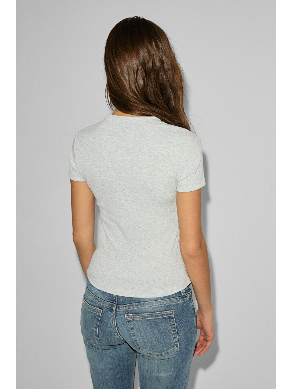 Gri GLOOM Kadın Yumuşak Ve Esnek Kumaşlı Bisiklet Yakalı Crop GRİ MELANJ T-Shirt-6